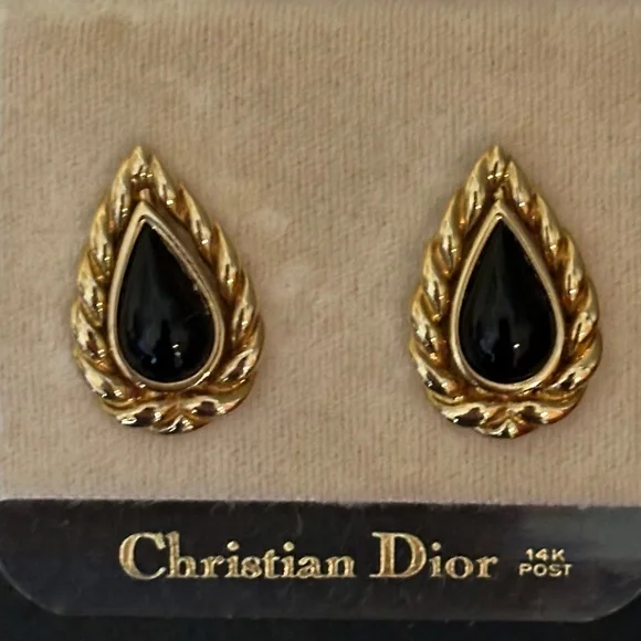 Christian Dior Earrings - Faux Onxy and Gold Tear Drop Shape Earrings - Vtg. 90s